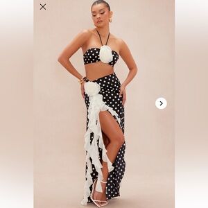 Fashion Nova Black and White Polka Dot Satin Skirt Set